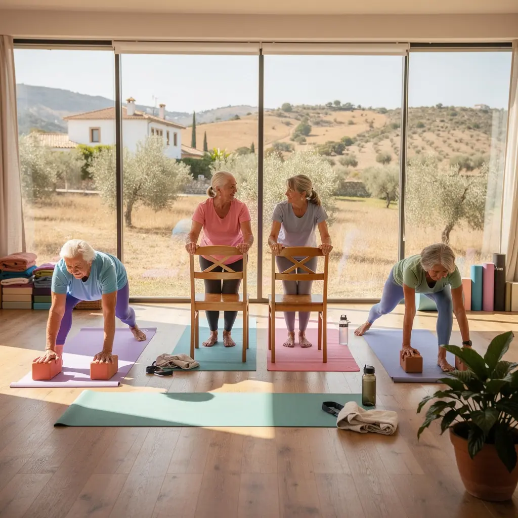 Instructora de yoga guiando una clase centrada en la salud ósea y la prevención de la osteoporosis.