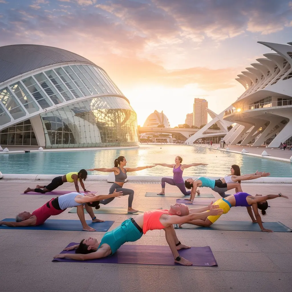 Una instructor de yoga guiando a los participantes en posturas de carga para la prevención de la osteoporosis.