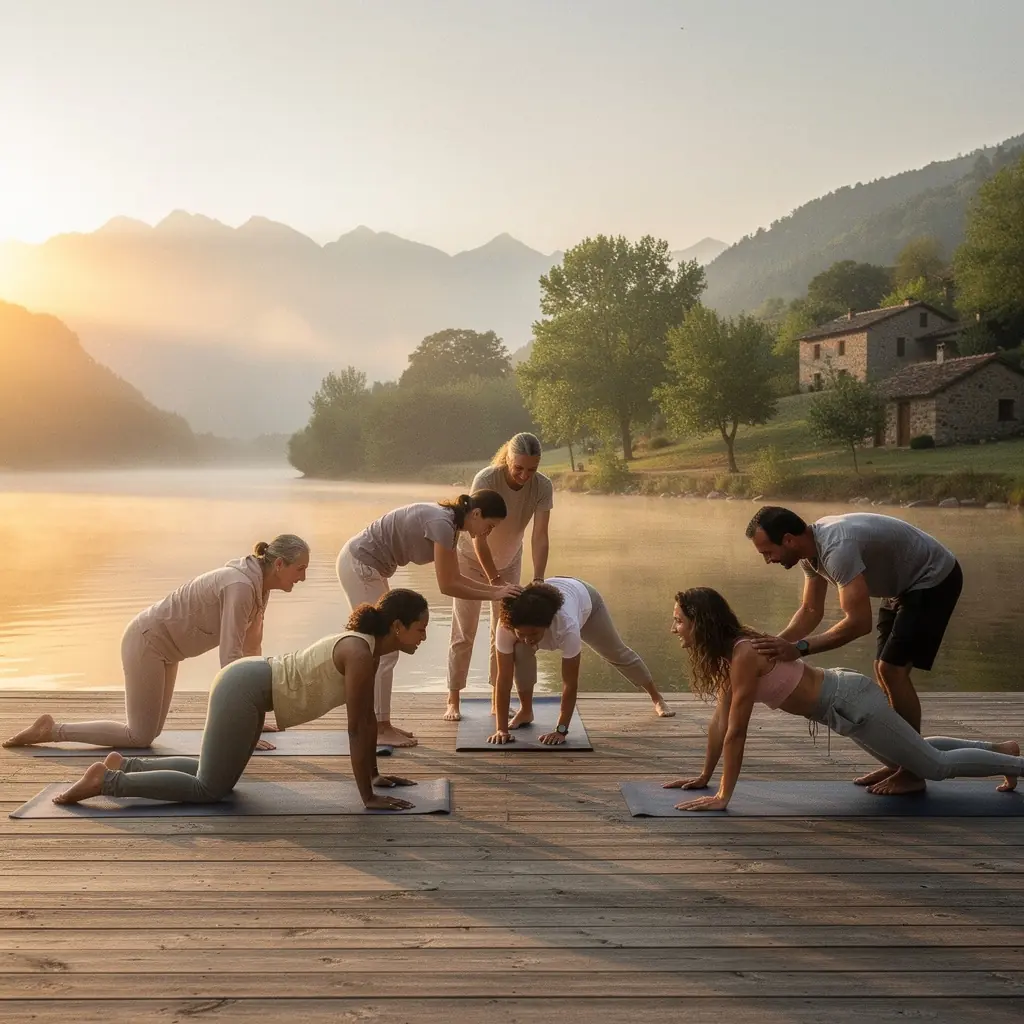 Un grupo de personas realizando ejercicios de yoga enfocados en la mejora de la densidad ósea en un estudio.