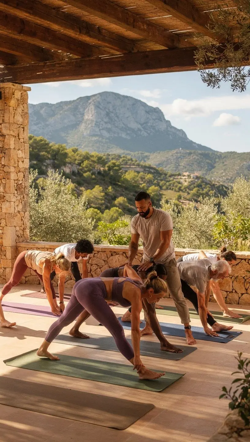 Un grupo de personas realizando ejercicios de yoga enfocados en la mejora de la densidad ósea en un estudio.