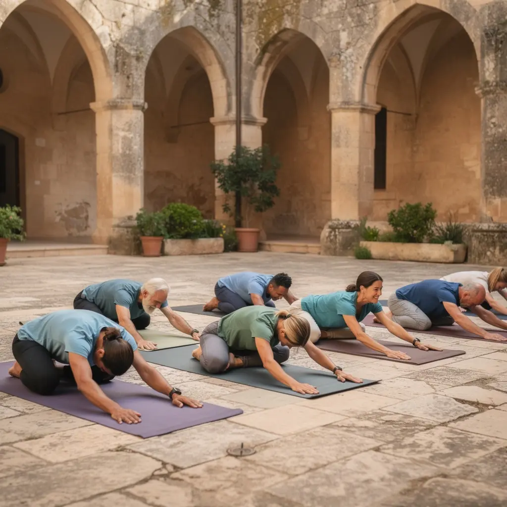 Un grupo de personas realizando ejercicios de yoga enfocados en la mejora de la densidad ósea en un estudio.