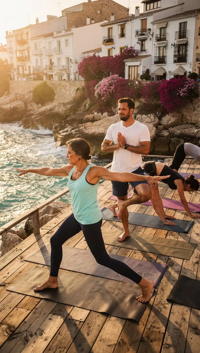 Una mujer practicando una postura de yoga que fortalece los huesos en un entorno natural.
